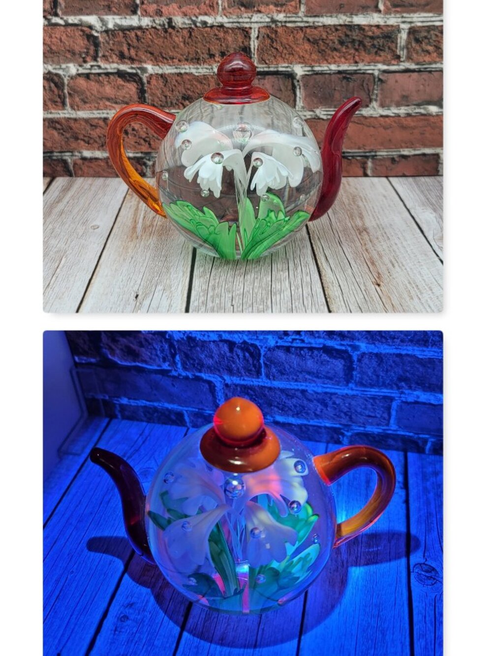 ♥GLOWS♥ Dynasty Gallery White Snapdragons Art Glass Tea Pot Paperweight